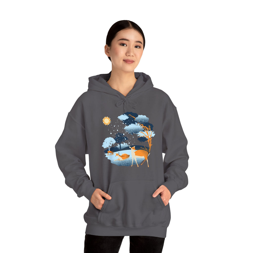 Gildan Heavy Blend Hooded Sweatshirt-Winter Deer Scene