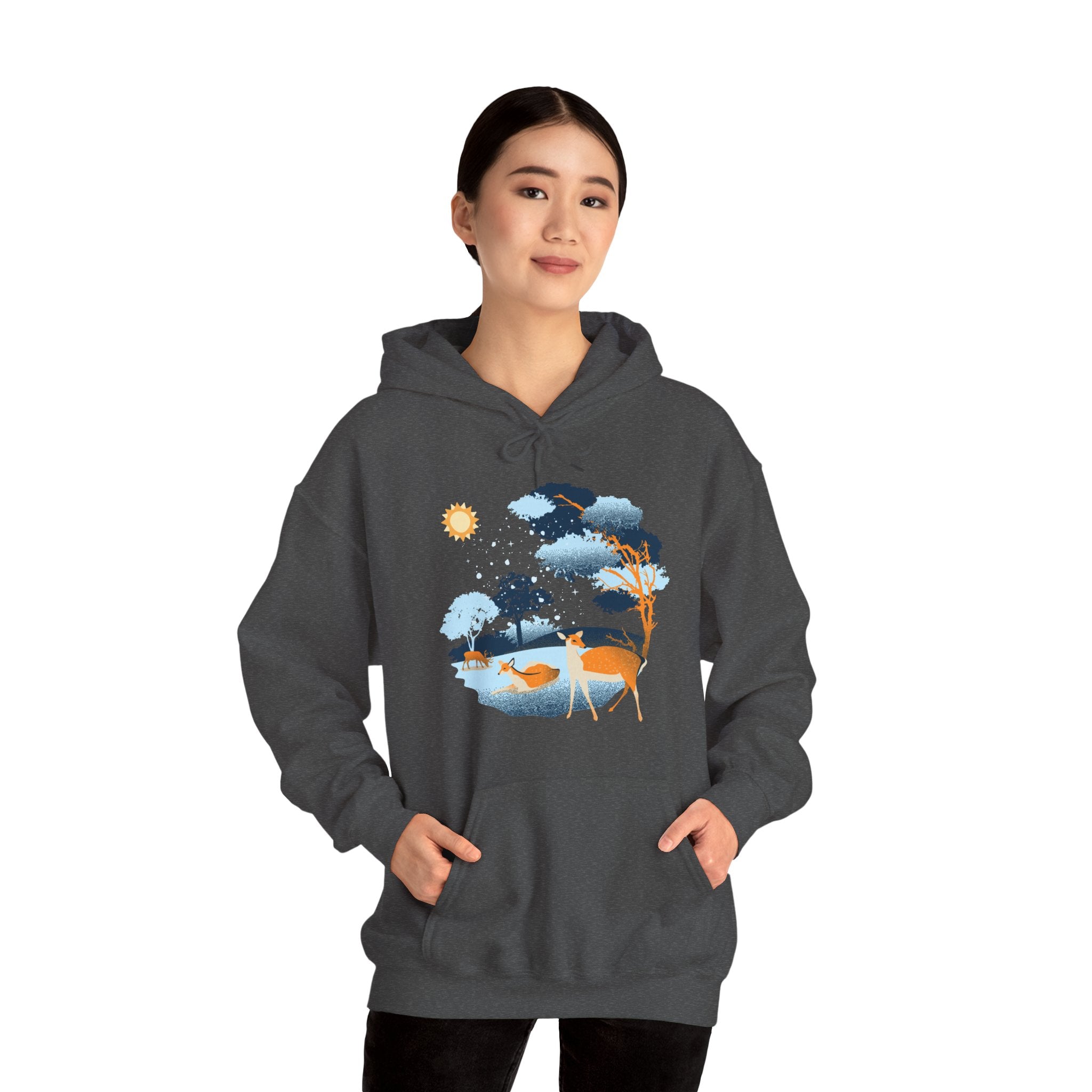 Gildan Heavy Blend Hooded Sweatshirt-Winter Deer Scene