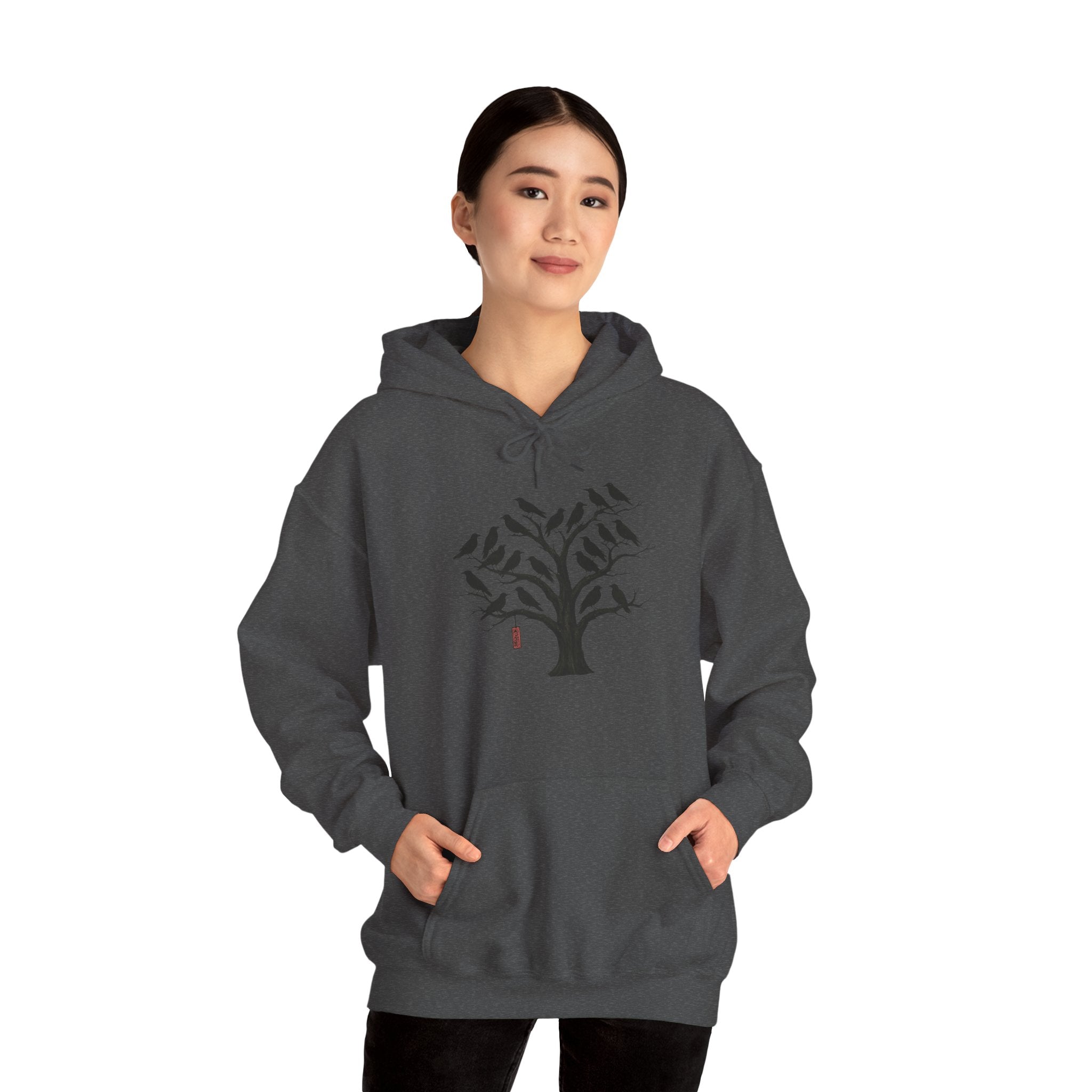 Gildan Heavy Blend Hoodie Unisex Black Bird Tree
