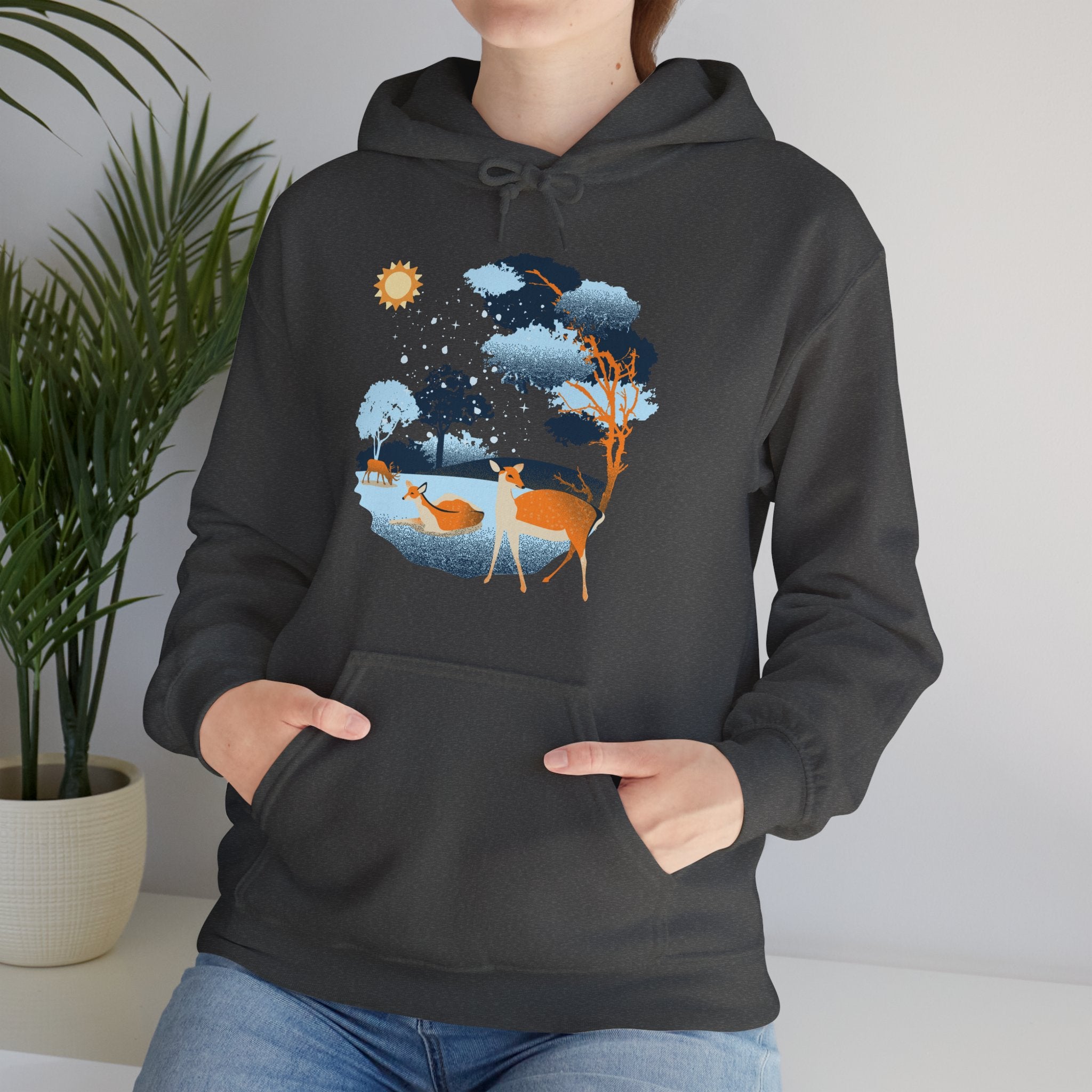 Gildan Heavy Blend Hooded Sweatshirt-Winter Deer Scene