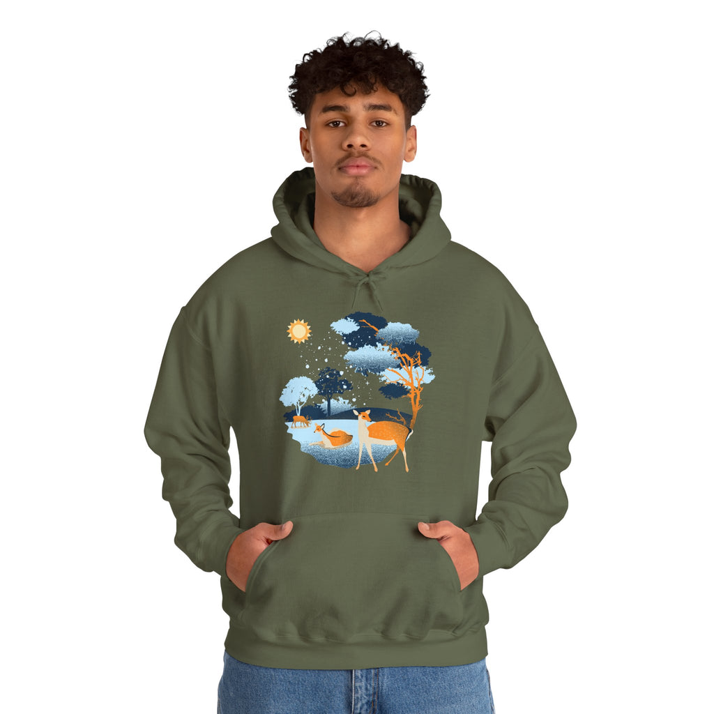 Gildan Heavy Blend Hooded Sweatshirt-Winter Deer Scene