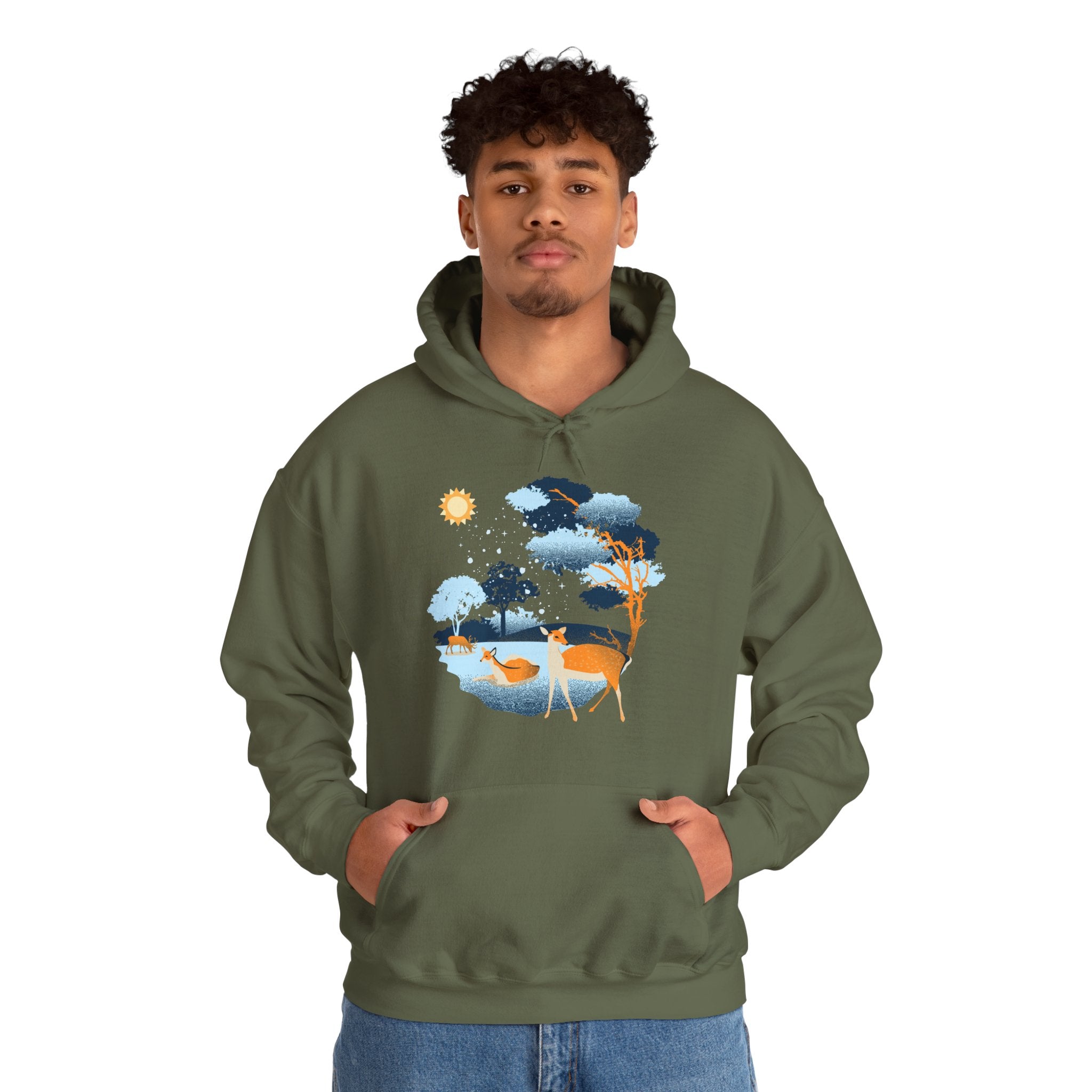 Gildan Heavy Blend Hooded Sweatshirt-Winter Deer Scene