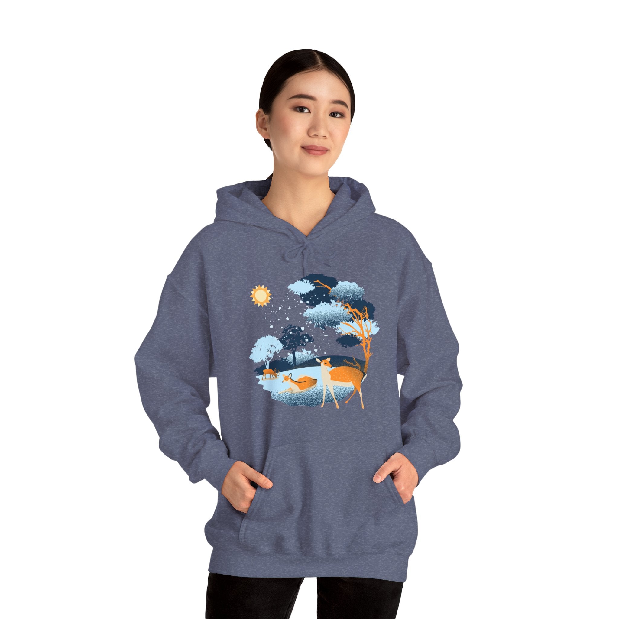 Gildan Heavy Blend Hooded Sweatshirt-Winter Deer Scene