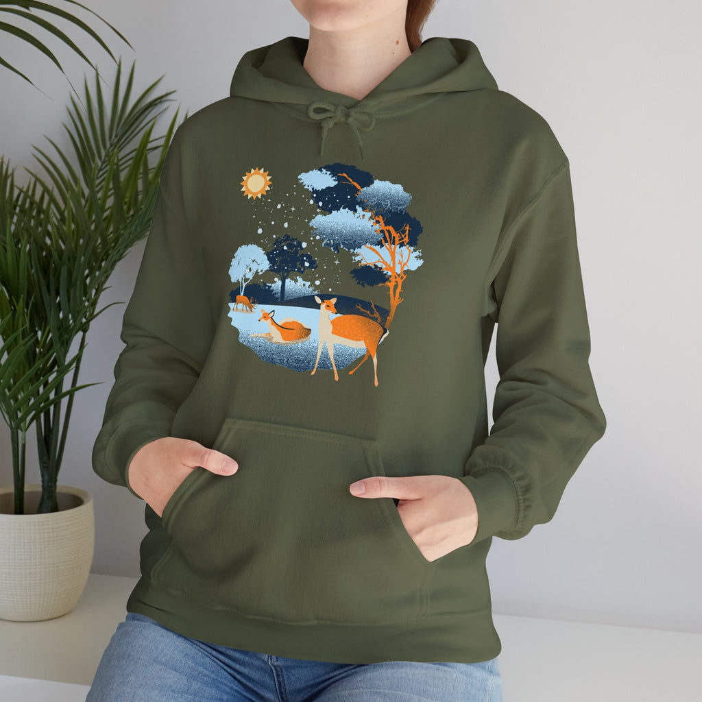 Gildan Heavy Blend Hooded Sweatshirt-Winter Deer Scene