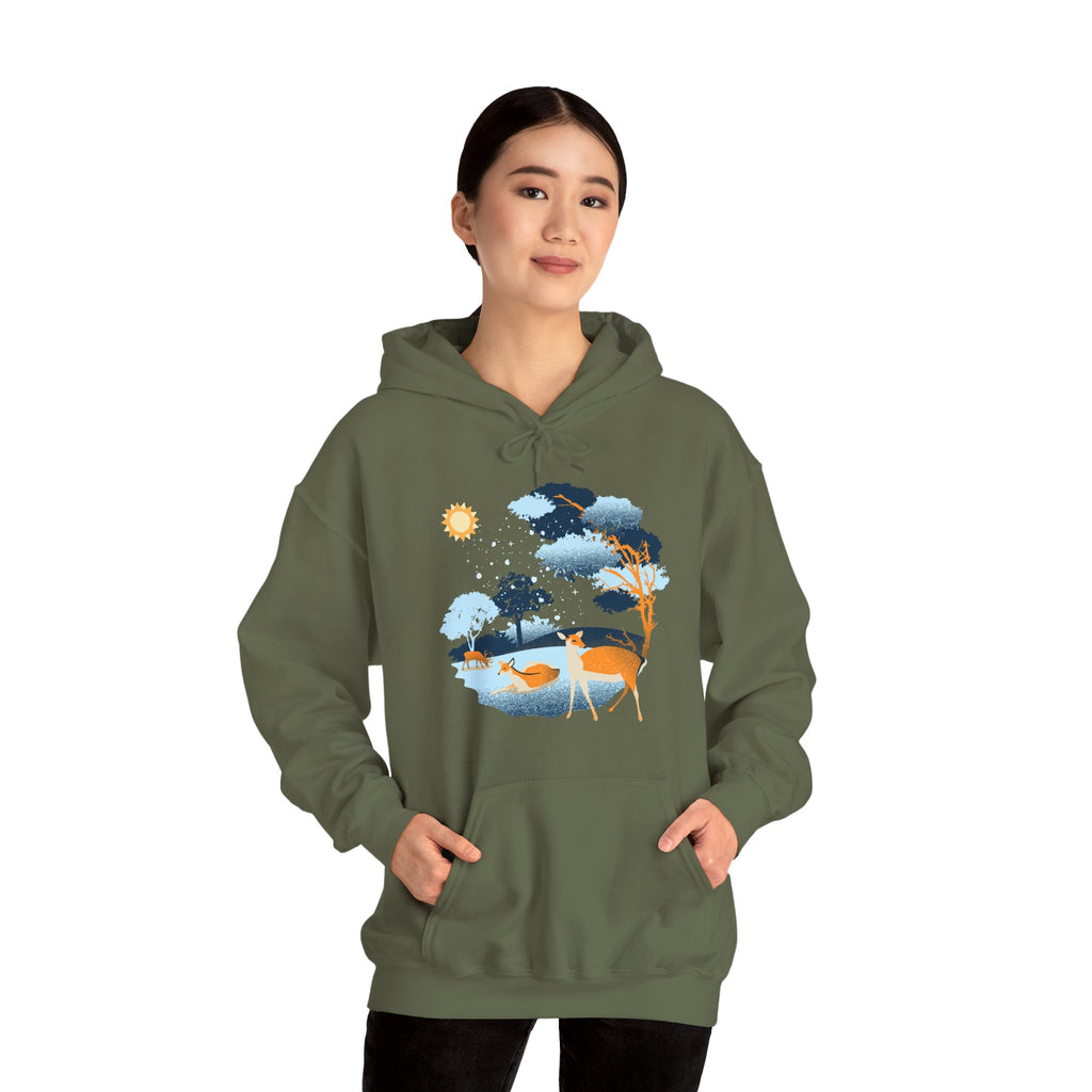 Gildan Heavy Blend Hooded Sweatshirt-Winter Deer Scene