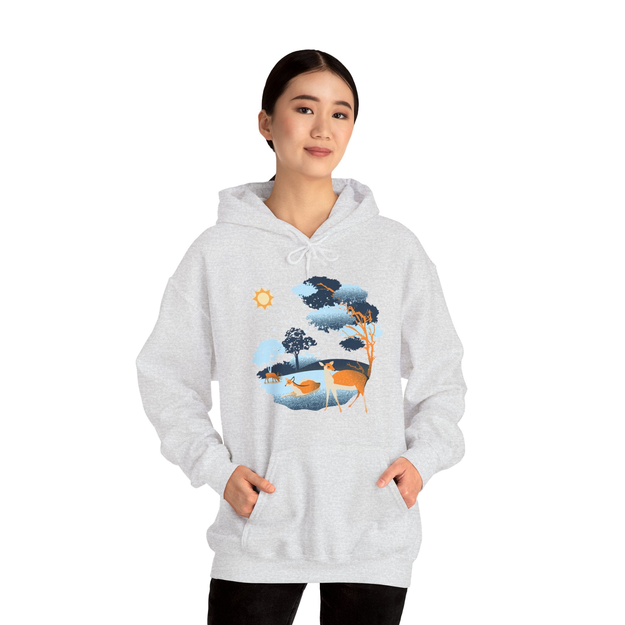 Gildan Heavy Blend Hooded Sweatshirt-Winter Deer Scene