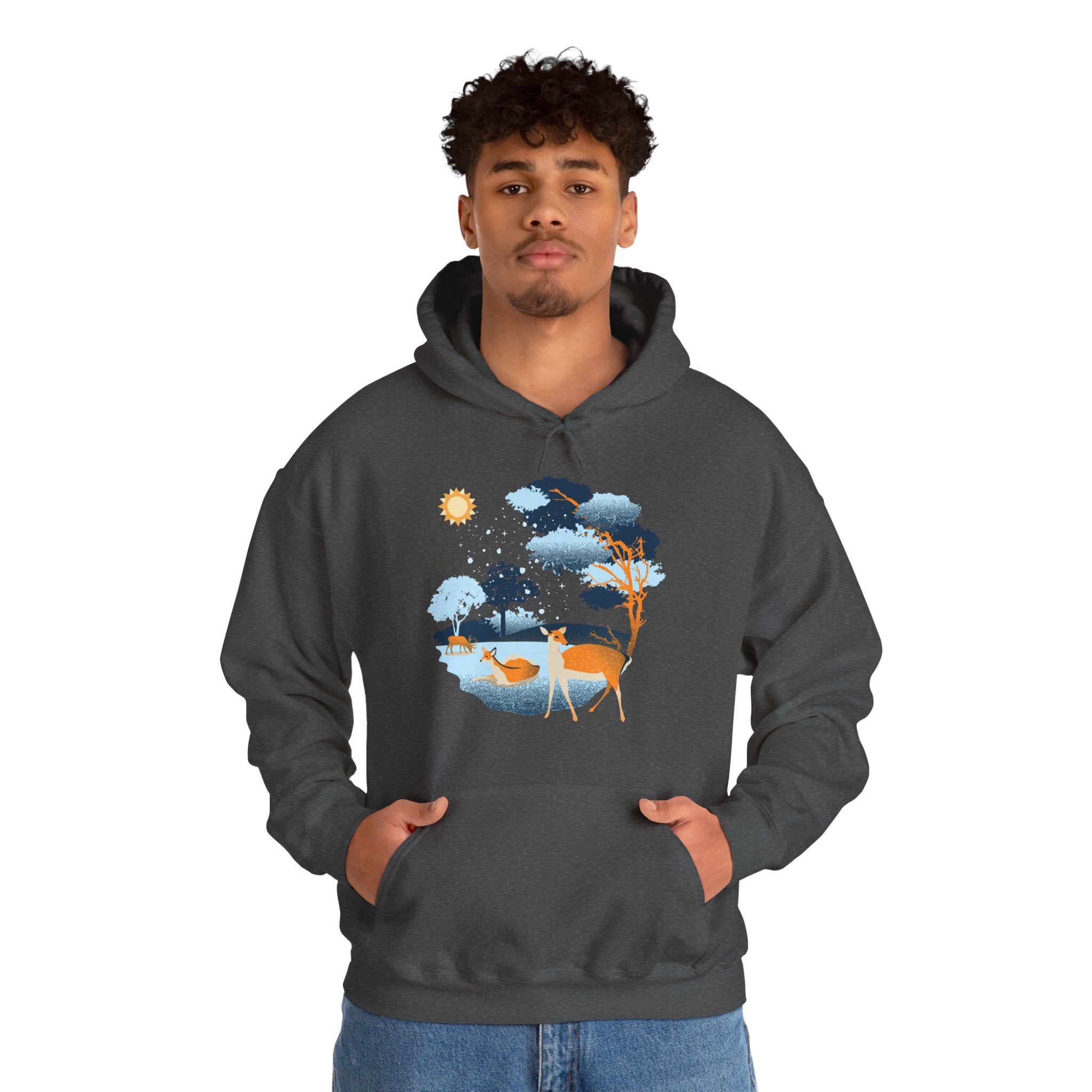 Gildan Heavy Blend Hooded Sweatshirt-Winter Deer Scene